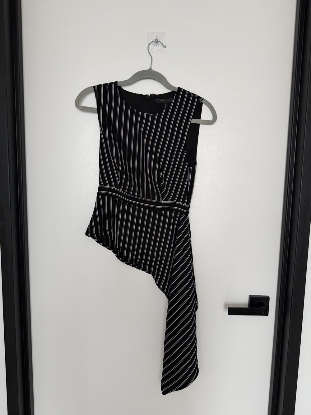 BCBGMaxAzria Black & White Pinstripe Asymmetric Sleeveless Top